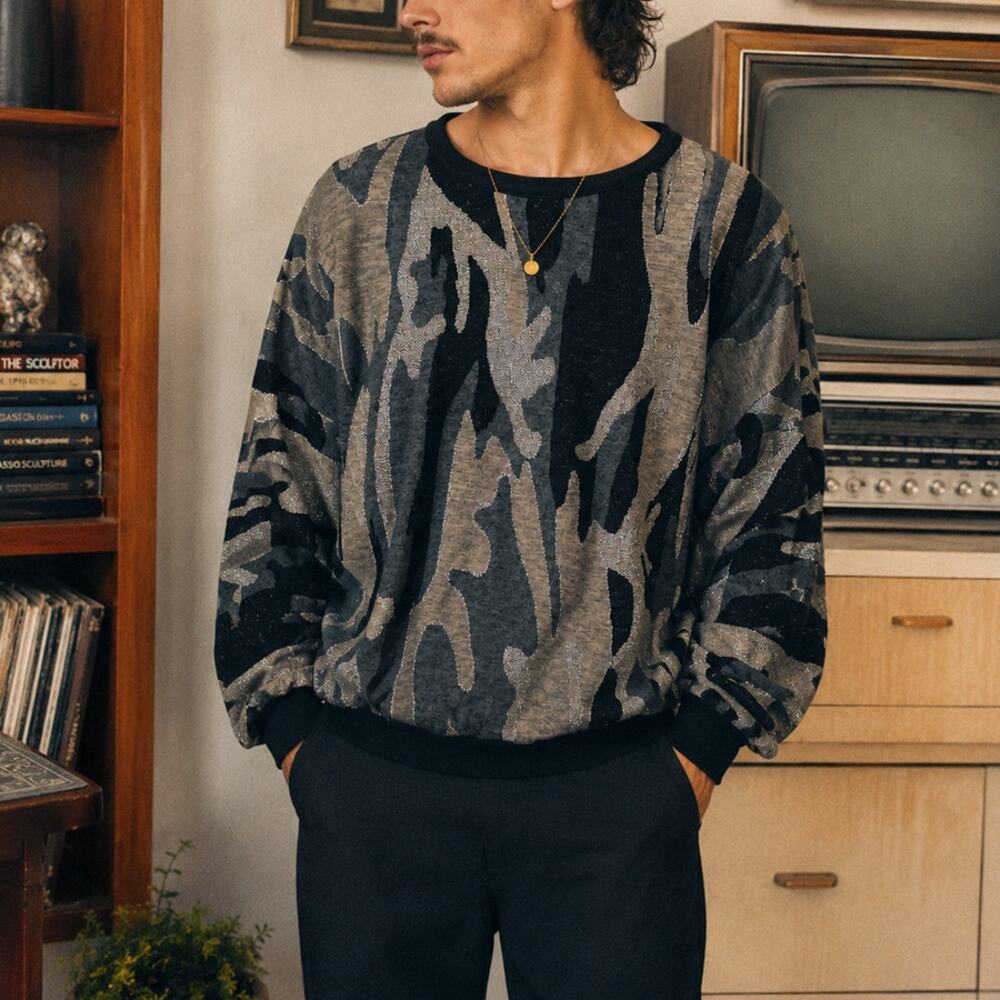 Vintage Top Notch Camouflage Metallic Black Gray Sweater